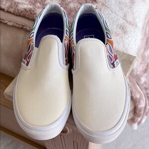 Vans Sparkle Cream Slip-Ons with Colorful Flame 🔥 Design